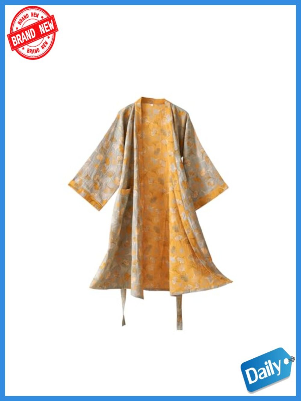 Long Cotton Gauze Kimono Robe, Reversible Loungewear Bathrobe with Pockets